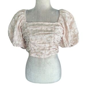 Anthropologie Miou Muse Blush Pink Embroidered Puff Sleeve Ruched Crop Top - M